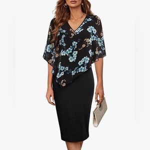 Bodhi talk VNeck Capelet Sleeve Chiffon Overlay Bodycon Knee Length Pencil Dress